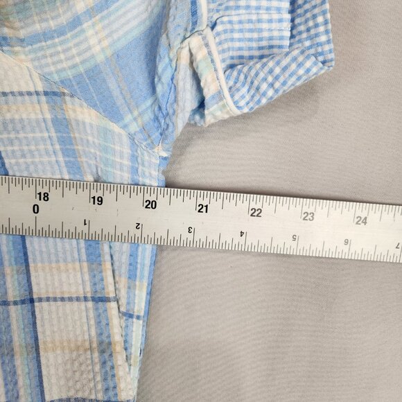 Miss Elaine Seersucker Housecoat Women's M Blue Embroidered Snap Front Pockets - Picture 3 of 8